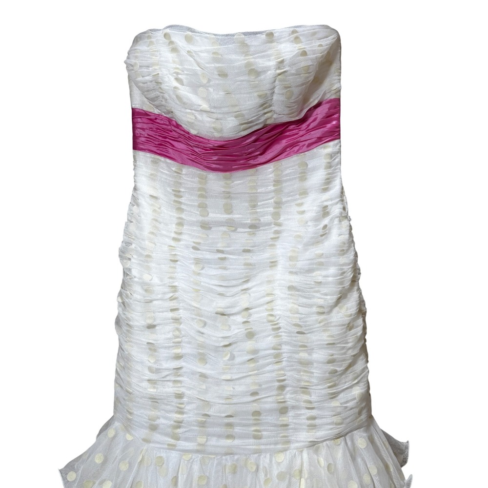 Sherri Hill Strapless Mermaid Gown Polka Dot Tulle Tiered Dress Pink Sash 8 - Picture 4 of 13
